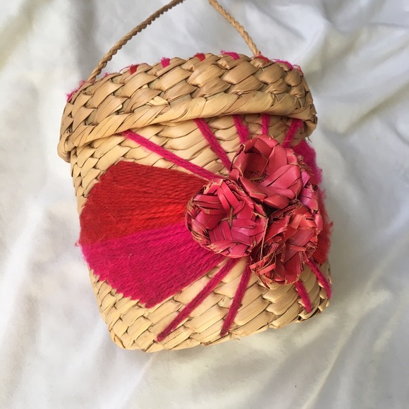 Vtg Woven Raffia Straw Circular Basket Mini Bag - Picture 3 of 7